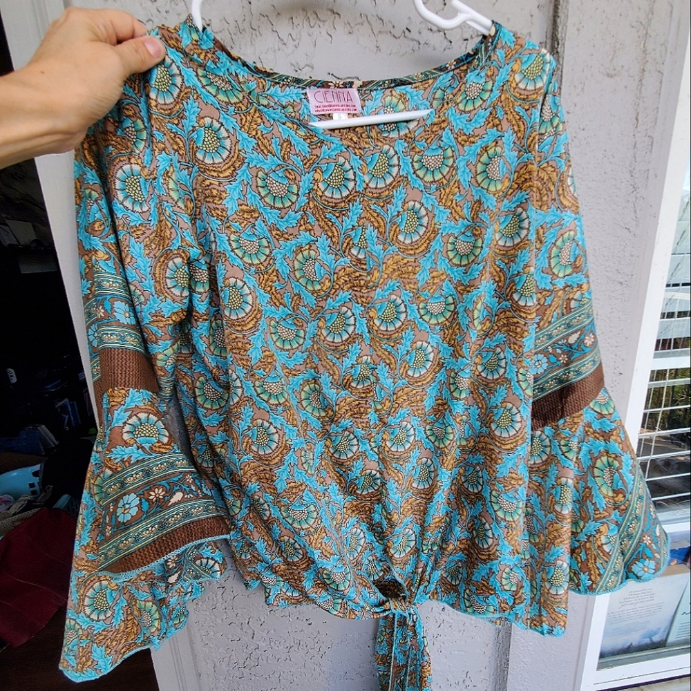 Cienna Blue and Brown Paisley Bell Sleeve Silk Blend Women's Top Sz S